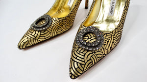 Manolo Blahnik Gold & Black Suede Printed Jewel Toe Pumps circa Y2K