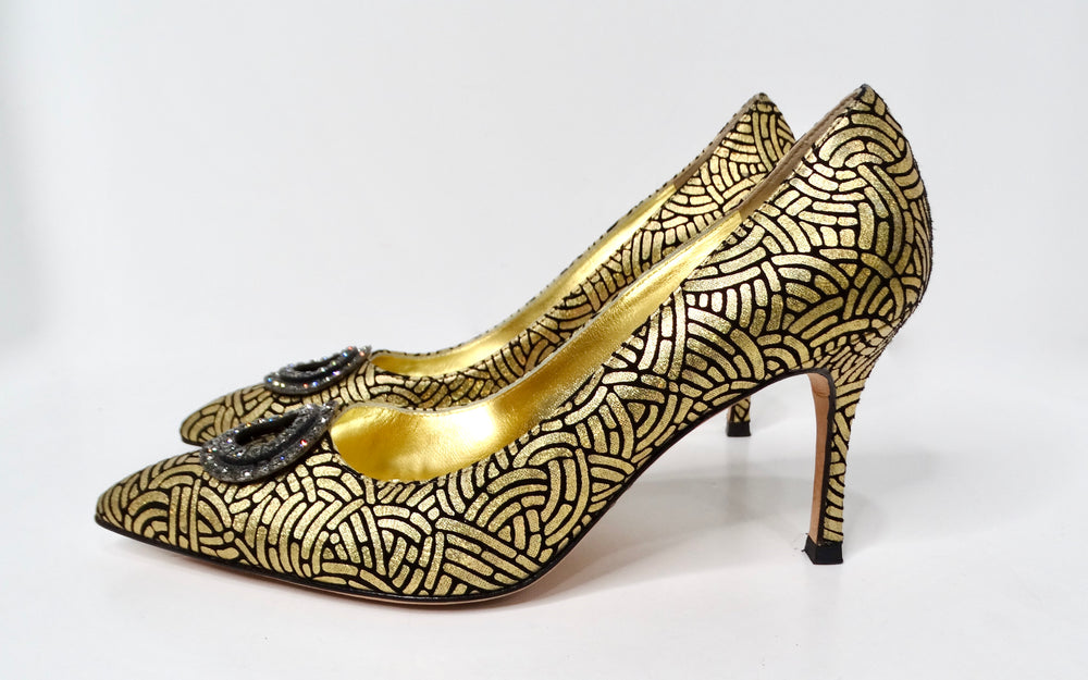 Manolo Blahnik Gold & Black Suede Printed Jewel Toe Pumps circa Y2K