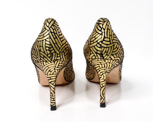 Manolo Blahnik Gold & Black Suede Printed Jewel Toe Pumps circa Y2K