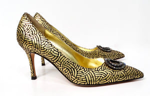 Manolo Blahnik Gold & Black Suede Printed Jewel Toe Pumps circa Y2K