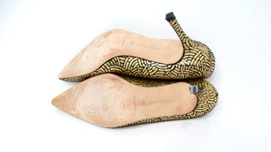 Manolo Blahnik Gold & Black Suede Printed Jewel Toe Pumps circa Y2K