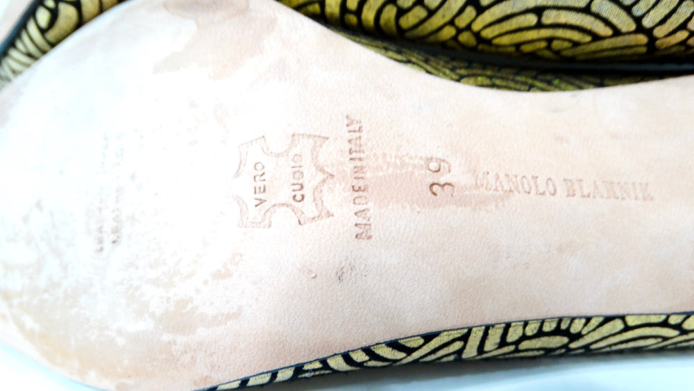 Manolo Blahnik Gold & Black Suede Printed Jewel Toe Pumps circa Y2K