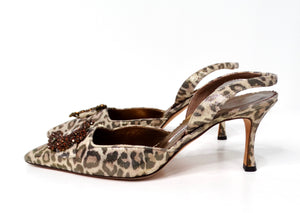 Manolo Blahnik Metallic Leopard Print Suede Slingback Pumps circa Y2K
