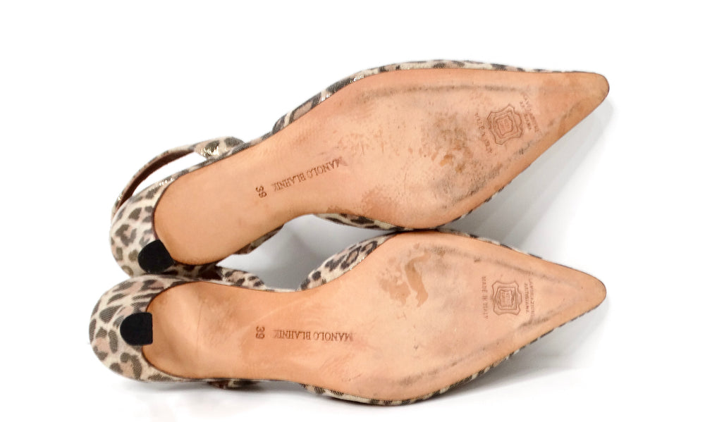 Manolo Blahnik Metallic Leopard Print Suede Slingback Pumps circa Y2K