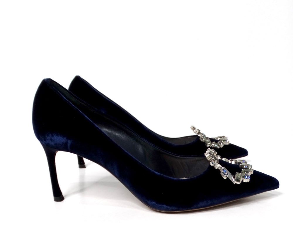 Christian Dior Tresor Blue Velvet Crystal Embellished Pumps circa 1990s