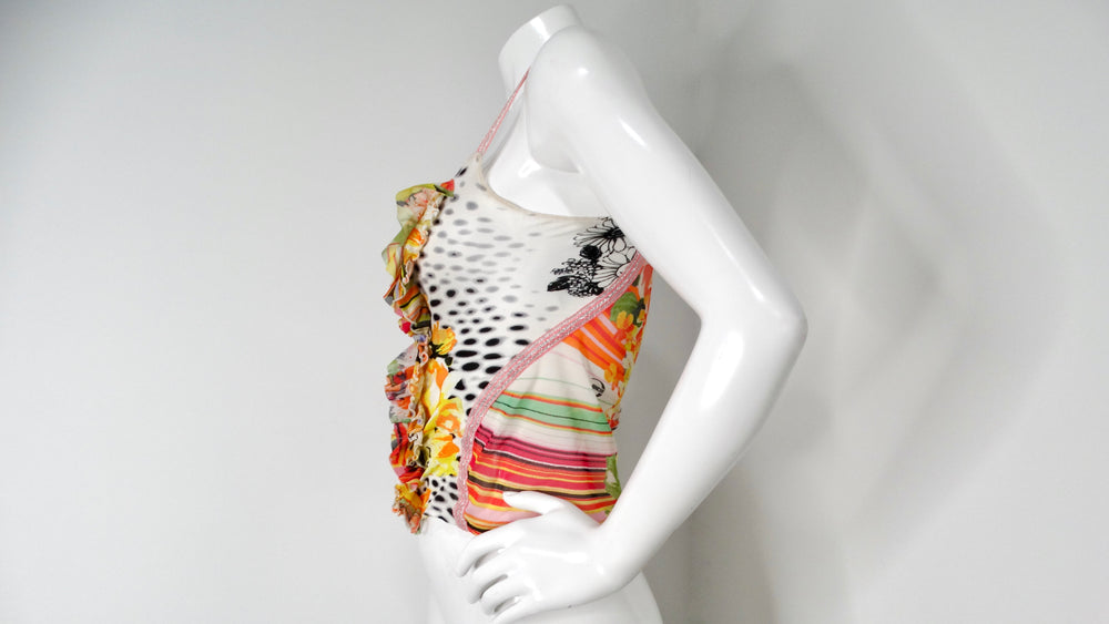 Just Cavalli Y2K Ruffle & Multicolor Abstract Floral Print  Mesh Tank Top