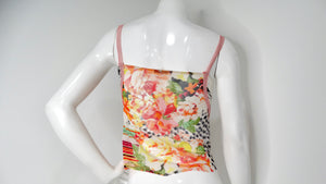 Just Cavalli Y2K Ruffle & Multicolor Abstract Floral Print  Mesh Tank Top