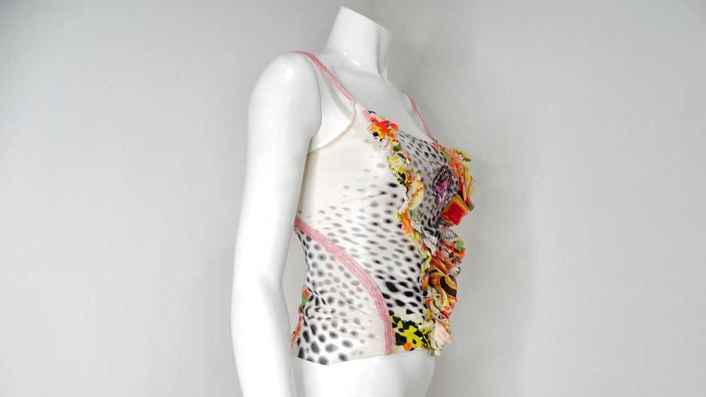 Just Cavalli Y2K Ruffle & Multicolor Abstract Floral Print  Mesh Tank Top