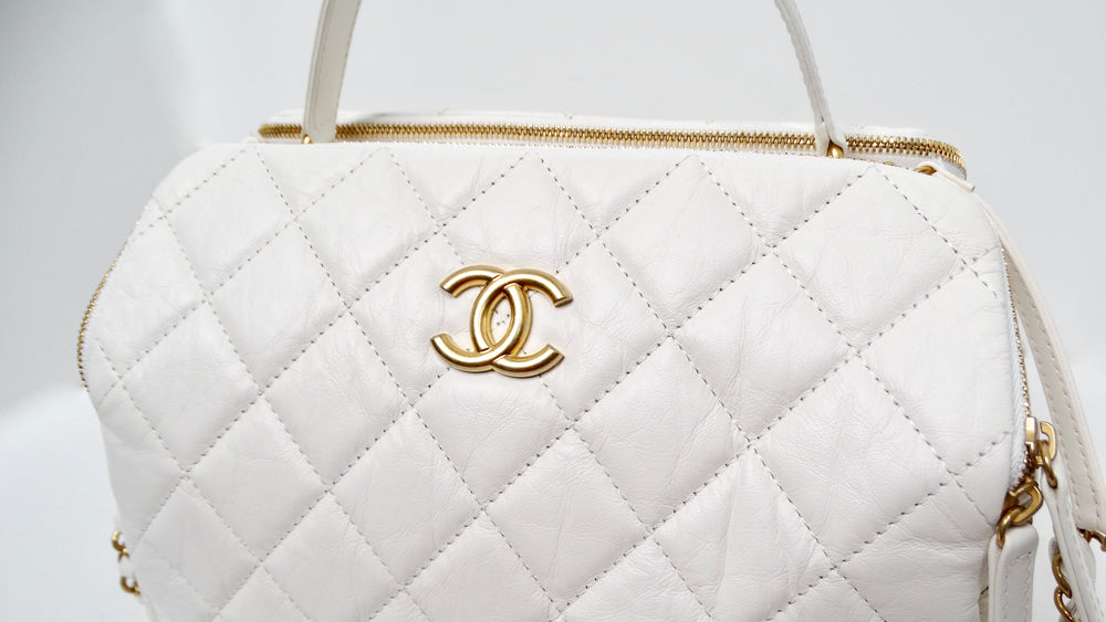 Chanel White Quilted Aged Calfskin Double-Sided Bowling Bag