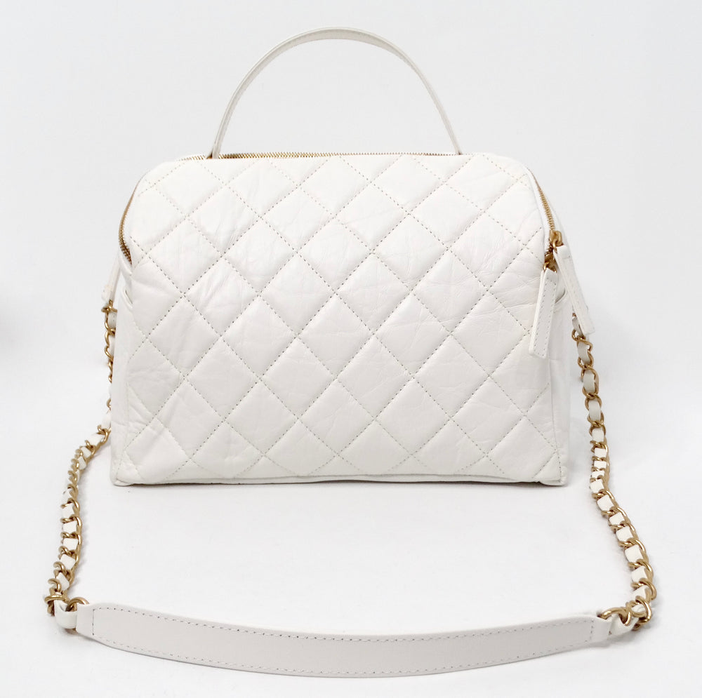 Chanel White Quilted Aged Calfskin Double-Sided Bowling Bag