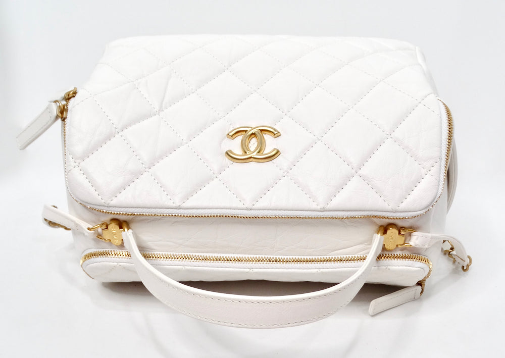 Chanel White Quilted Aged Calfskin Double-Sided Bowling Bag