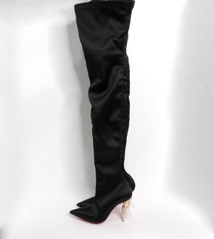 Christian Louboutin Black Silk Lipstrass Thigh-High Boots