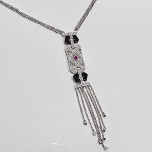 14K White Gold Diamond, Ruby, and Onyx Necklace