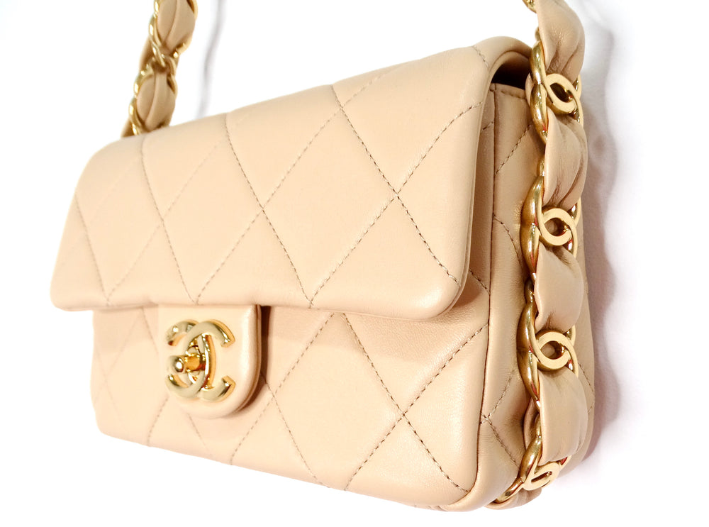 Chanel Beige Quilted Lambskin Interlocking CC Chain Flap Bag 2024