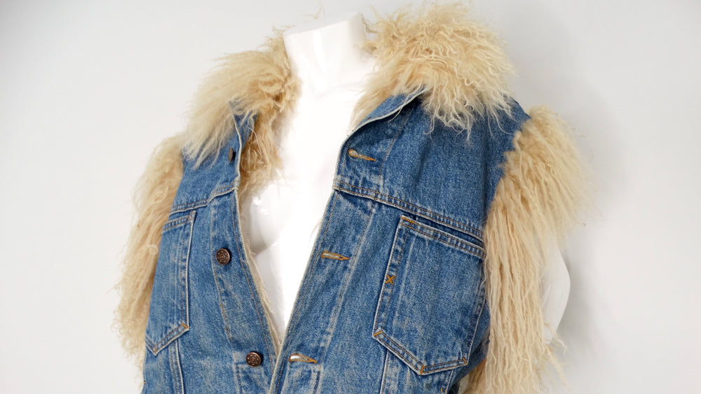 1990s Denim Blue Mongolian Lamb Fur Lined Vest