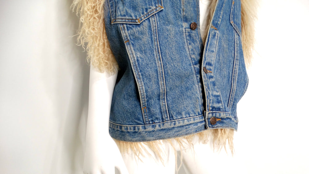 1990s Denim Blue Mongolian Lamb Fur Lined Vest