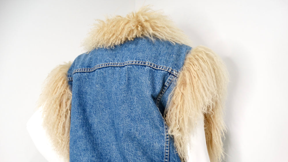 1990s Denim Blue Mongolian Lamb Fur Lined Vest