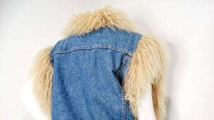 1990s Denim Blue Mongolian Lamb Fur Lined Vest