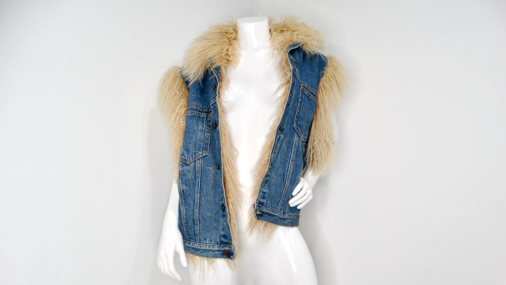 1990s Denim Blue Mongolian Lamb Fur Lined Vest