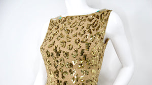 Jenny Packham Golden Leopard & Floral Print Beaded Sequins Sleeveless Dress