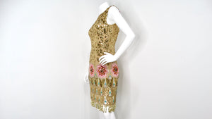 Jenny Packham Golden Leopard & Floral Print Beaded Sequins Sleeveless Dress