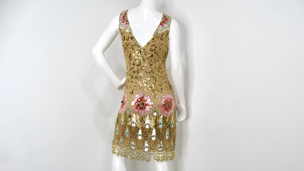 Jenny Packham Golden Leopard & Floral Print Beaded Sequins Sleeveless Dress