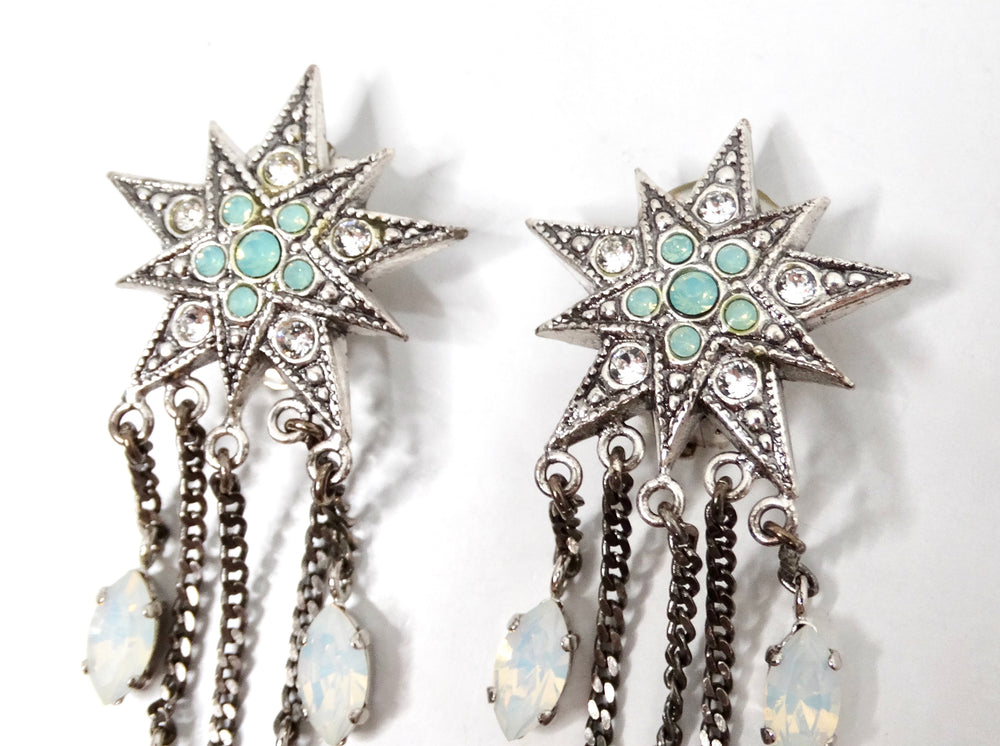 Celestial Starburst Sterling Silver Rhinestone Drop Dangle Earrings
