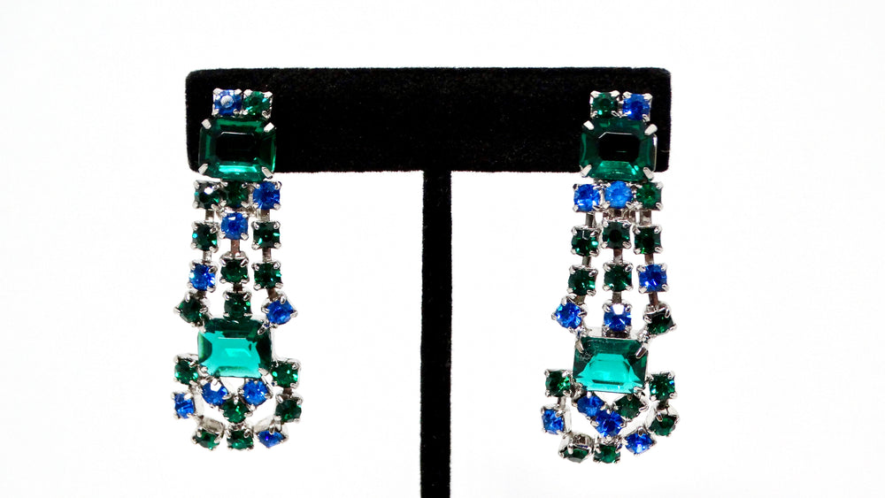 Dangle Blue & Green Rhinestone Silver-Tone Clip-On Earrings