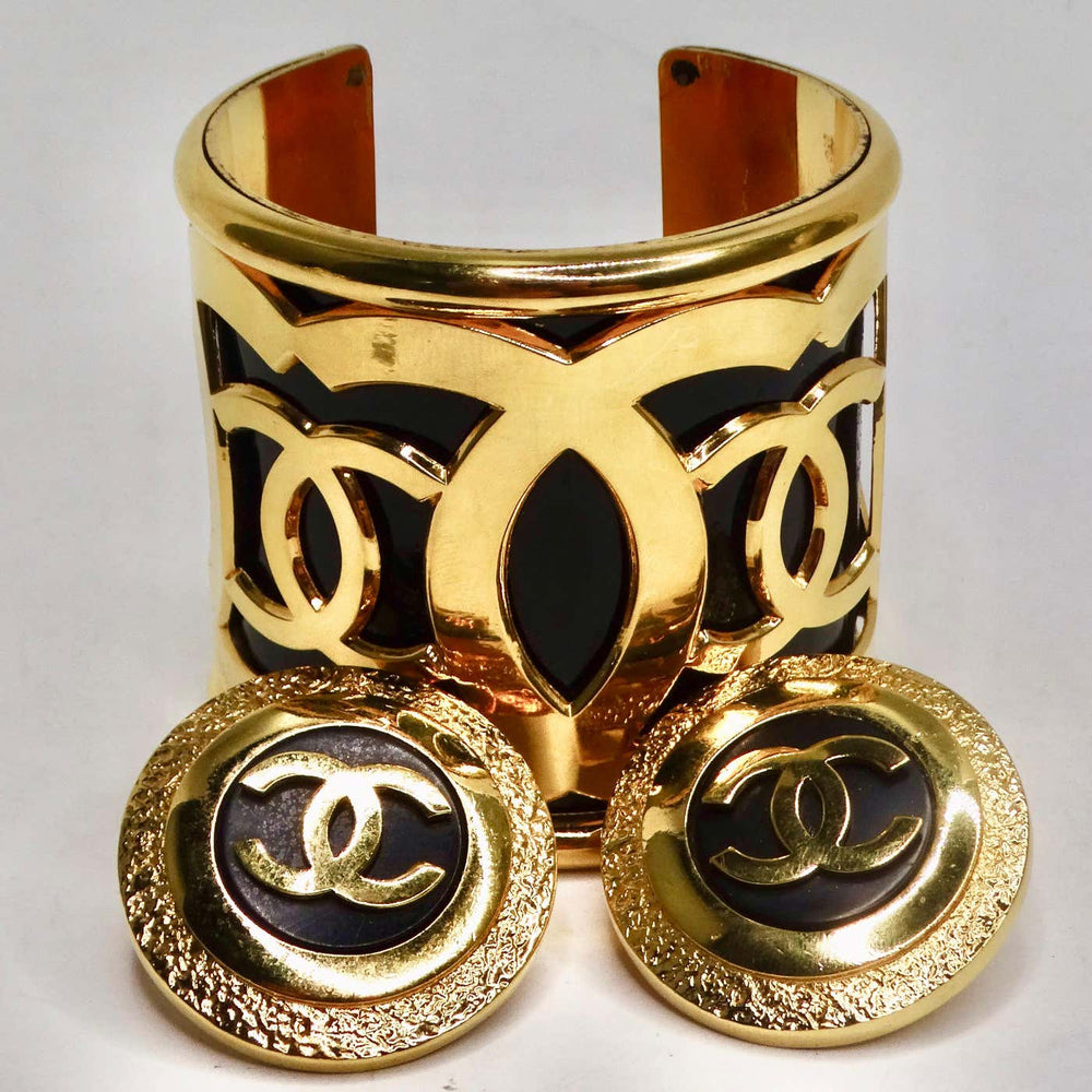 Chanel CC 1990s Gold and Black Earrings and Bracelet Set