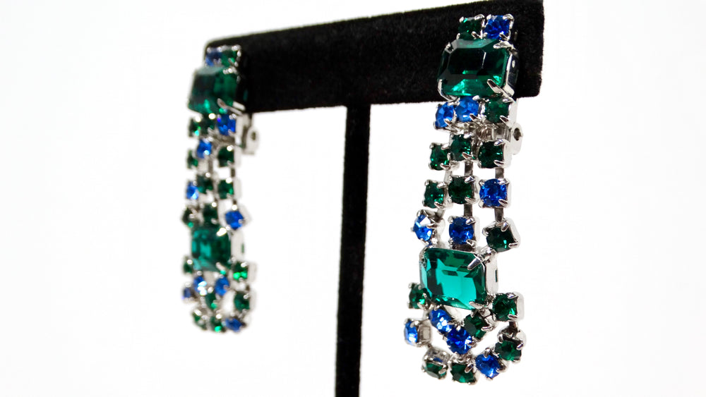 Dangle Blue & Green Rhinestone Silver-Tone Clip-On Earrings