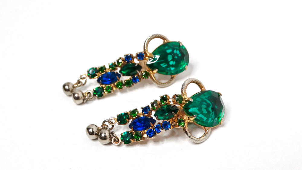 Vintage Emerald Green & Sapphire Blue Rhinestone Dangle Clip-On Earrings