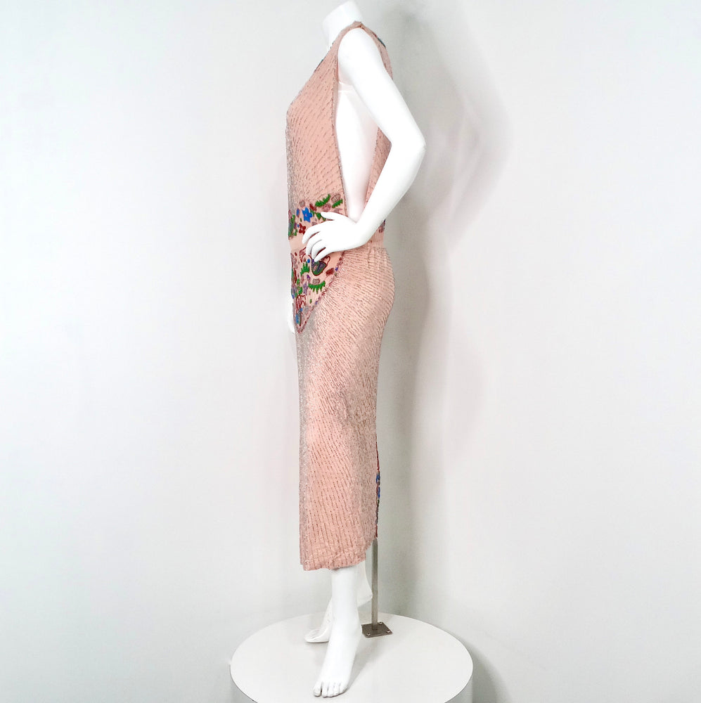 Pink Handmade Glass Beaded Embroidery Print Sleeveless Dress circa 1940s