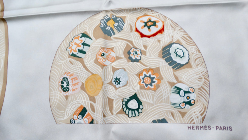 Hermes "Sulfure et Presse Papiers" 90 cm Cream Silk Printed Scarf