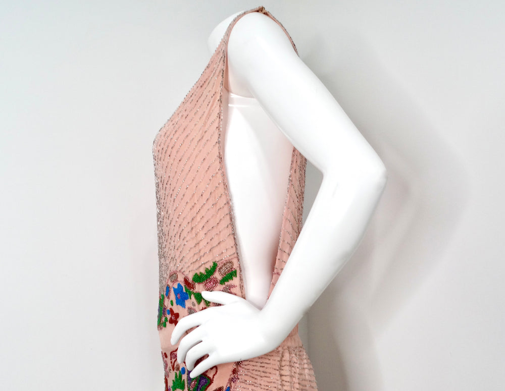Pink Handmade Glass Beaded Embroidery Print Sleeveless Dress circa 1940s