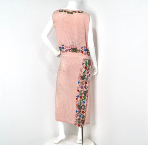 Pink Handmade Glass Beaded Embroidery Print Sleeveless Dress circa 1940s