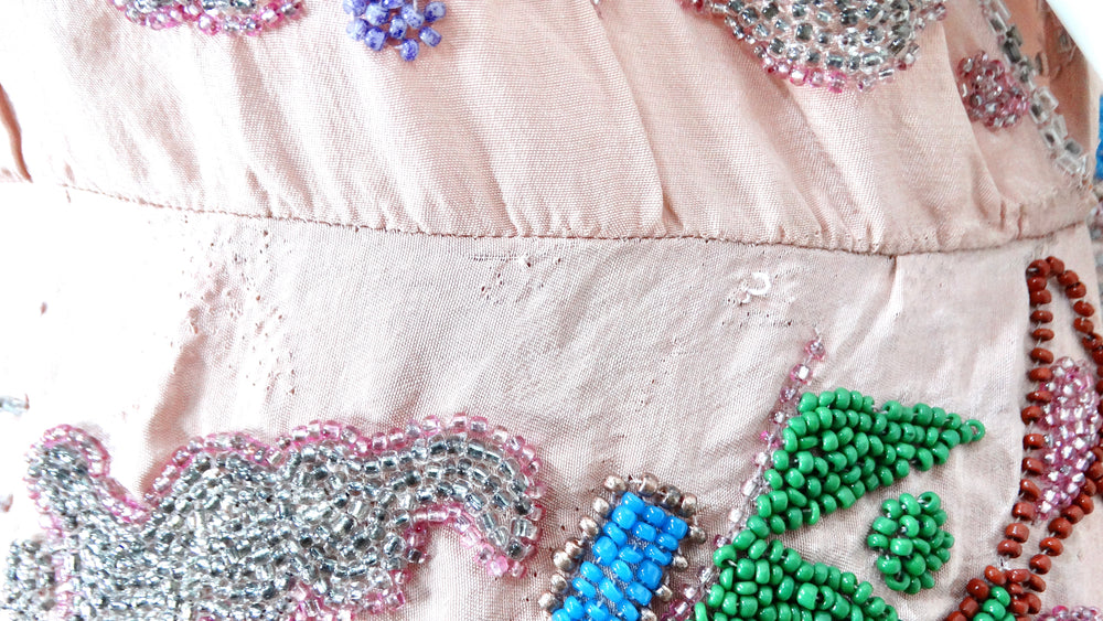 Pink Handmade Glass Beaded Embroidery Print Sleeveless Dress circa 1940s