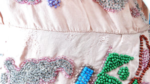 Pink Handmade Glass Beaded Embroidery Print Sleeveless Dress circa 1940s