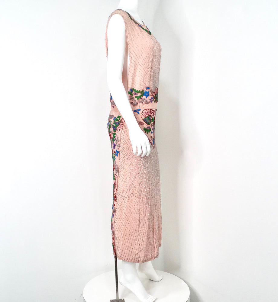 Pink Handmade Glass Beaded Embroidery Print Sleeveless Dress circa 1940s