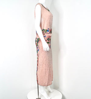 Pink Handmade Glass Beaded Embroidery Print Sleeveless Dress circa 1940s