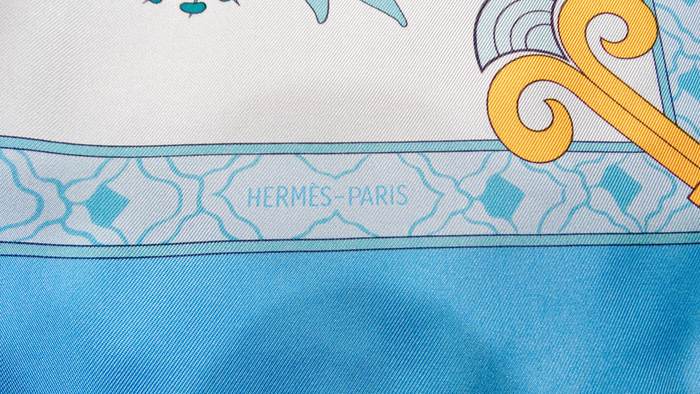 Hermes "Les Printemps de Thera" 90 cm Blue Silk Printed Scarf