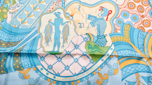 Hermes "Les Printemps de Thera" 90 cm Blue Silk Printed Scarf