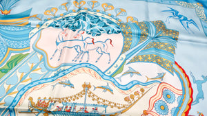 Hermes "Les Printemps de Thera" 90 cm Blue Silk Printed Scarf