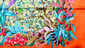 Hermes "Au Coeur de La Vie" 90 cm Orange Rainforest Print Silk Scarf