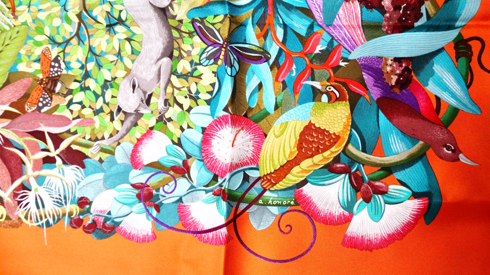 Hermes "Au Coeur de La Vie" 90 cm Orange Rainforest Print Silk Scarf