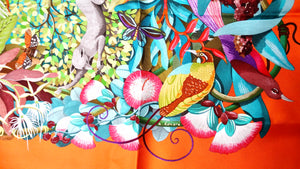 Hermes "Au Coeur de La Vie" 90 cm Orange Rainforest Print Silk Scarf