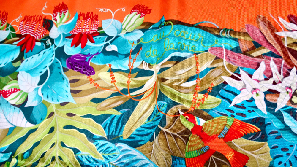 Hermes "Au Coeur de La Vie" 90 cm Orange Rainforest Print Silk Scarf