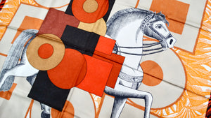 Hermes "Cavalier en Formes" 90 cm Orange Silk Horse Print Scarf