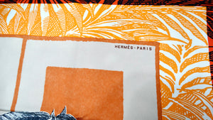 Hermes "Cavalier en Formes" 90 cm Orange Silk Horse Print Scarf