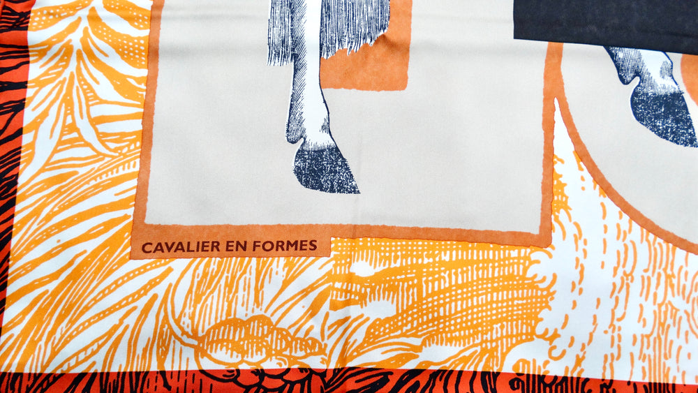 Hermes "Cavalier en Formes" 90 cm Orange Silk Horse Print Scarf