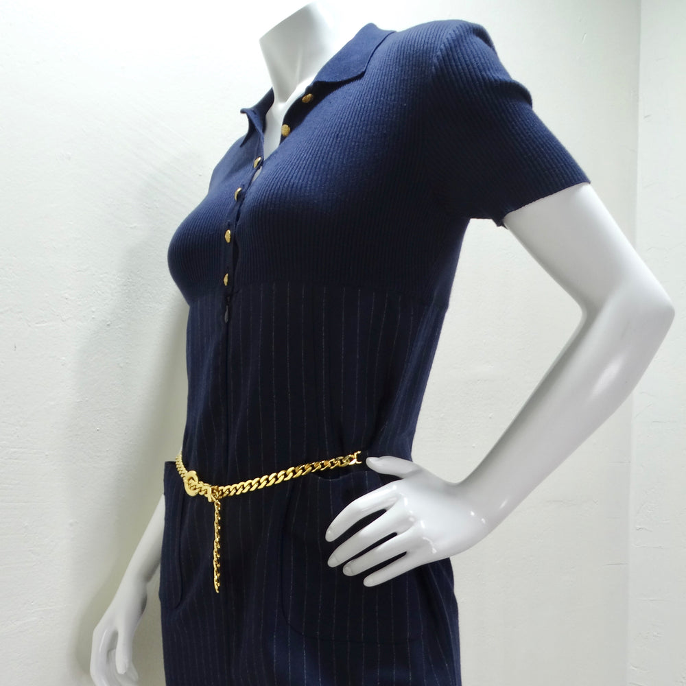 Valentino 1980s Pinstripe Chain Link Belted Midi Dress